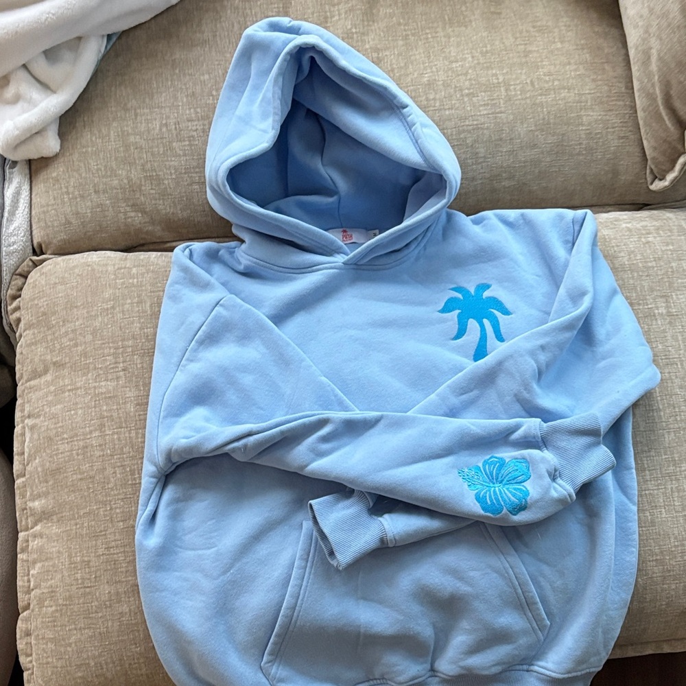 Pink Palm Puff Light Blue Hoodie with Palm Tree and Hibiscus